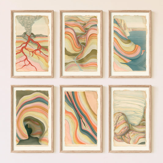 Set of Six Pastel Strata Art Prints - 6 Abstract Volcano Rock Layer Landscape Posters - Lava Earth Geology Canyon Painting