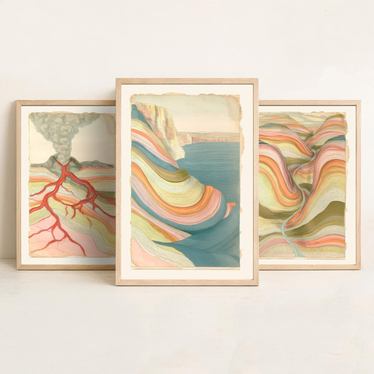 Volcano Lava, River Valley & Sea Cliff Set of Three Art Prints - Abstract Landscape Earth Strata Poster - Pastel Geology Illustration V1