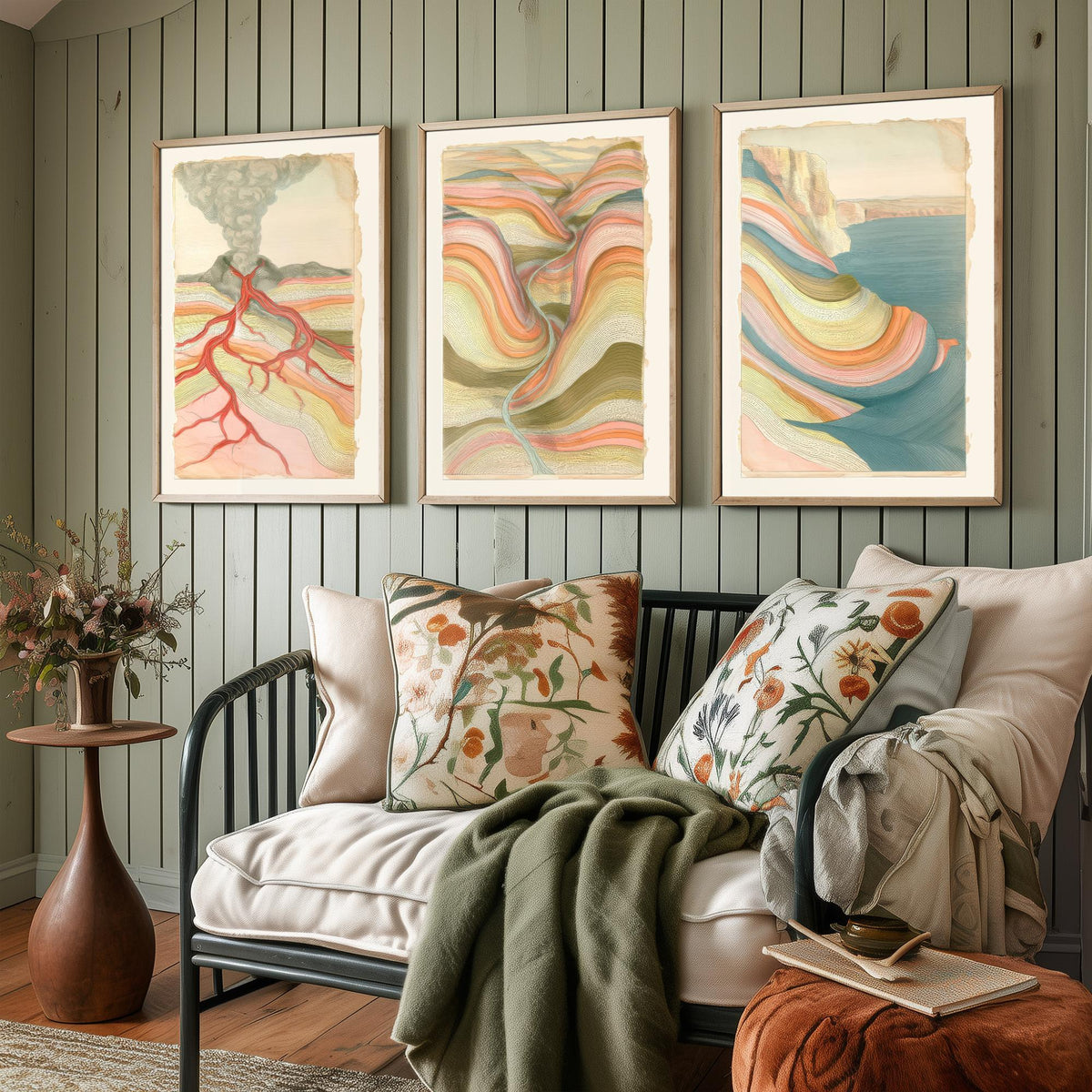 Volcano Lava, River Valley & Sea Cliff Set of Three Art Prints - Abstract Landscape Earth Strata Poster - Pastel Geology Illustration V1