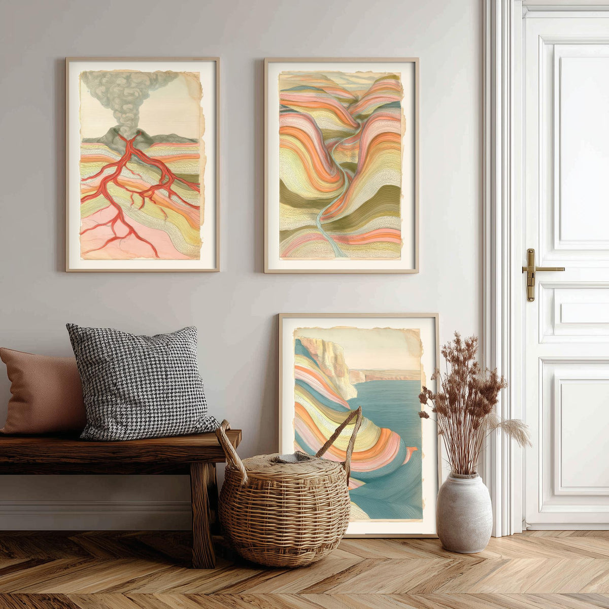 Volcano Lava, River Valley & Sea Cliff Set of Three Art Prints - Abstract Landscape Earth Strata Poster - Pastel Geology Illustration V1