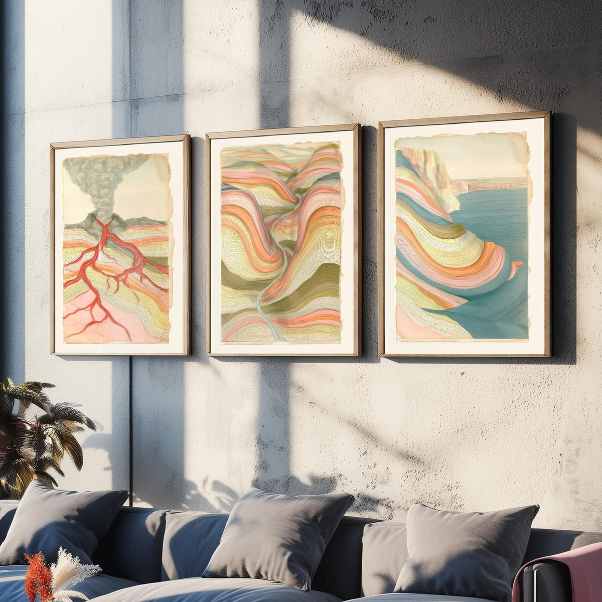 Volcano Lava, River Valley & Sea Cliff Set of Three Art Prints - Abstract Landscape Earth Strata Poster - Pastel Geology Illustration V1