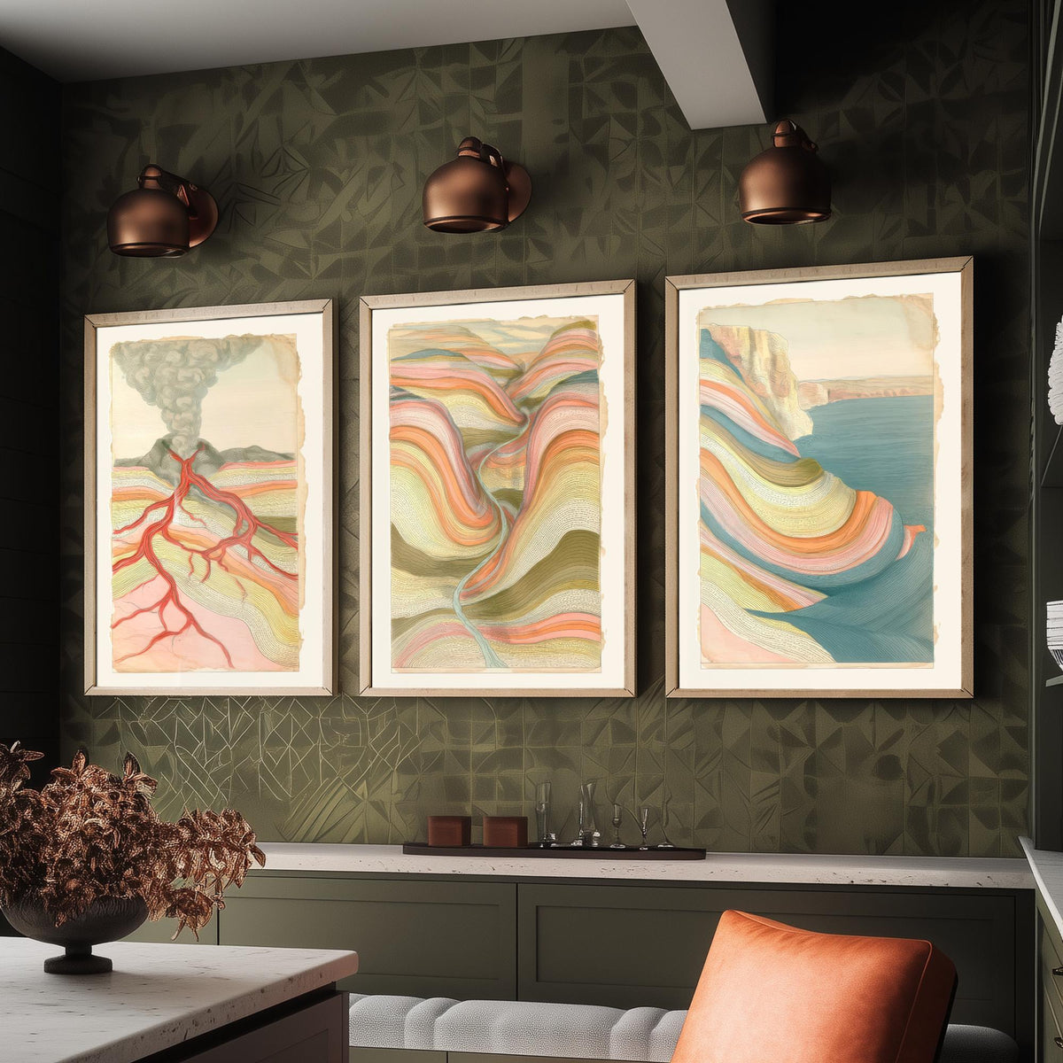 Volcano Lava, River Valley & Sea Cliff Set of Three Art Prints - Abstract Landscape Earth Strata Poster - Pastel Geology Illustration V1