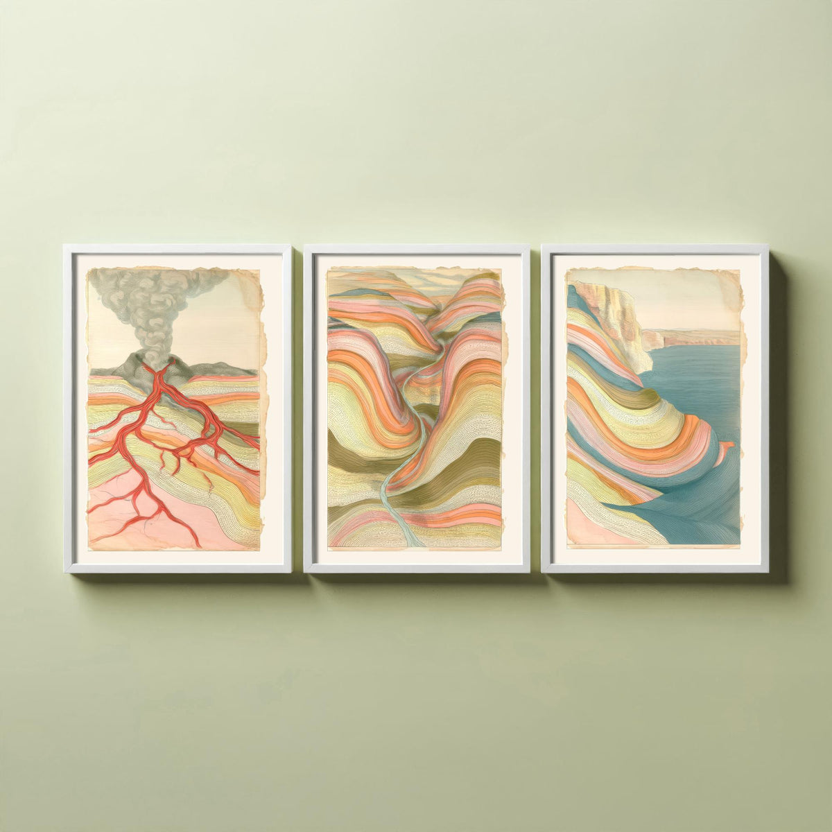 Volcano Lava, River Valley & Sea Cliff Set of Three Art Prints - Abstract Landscape Earth Strata Poster - Pastel Geology Illustration V1