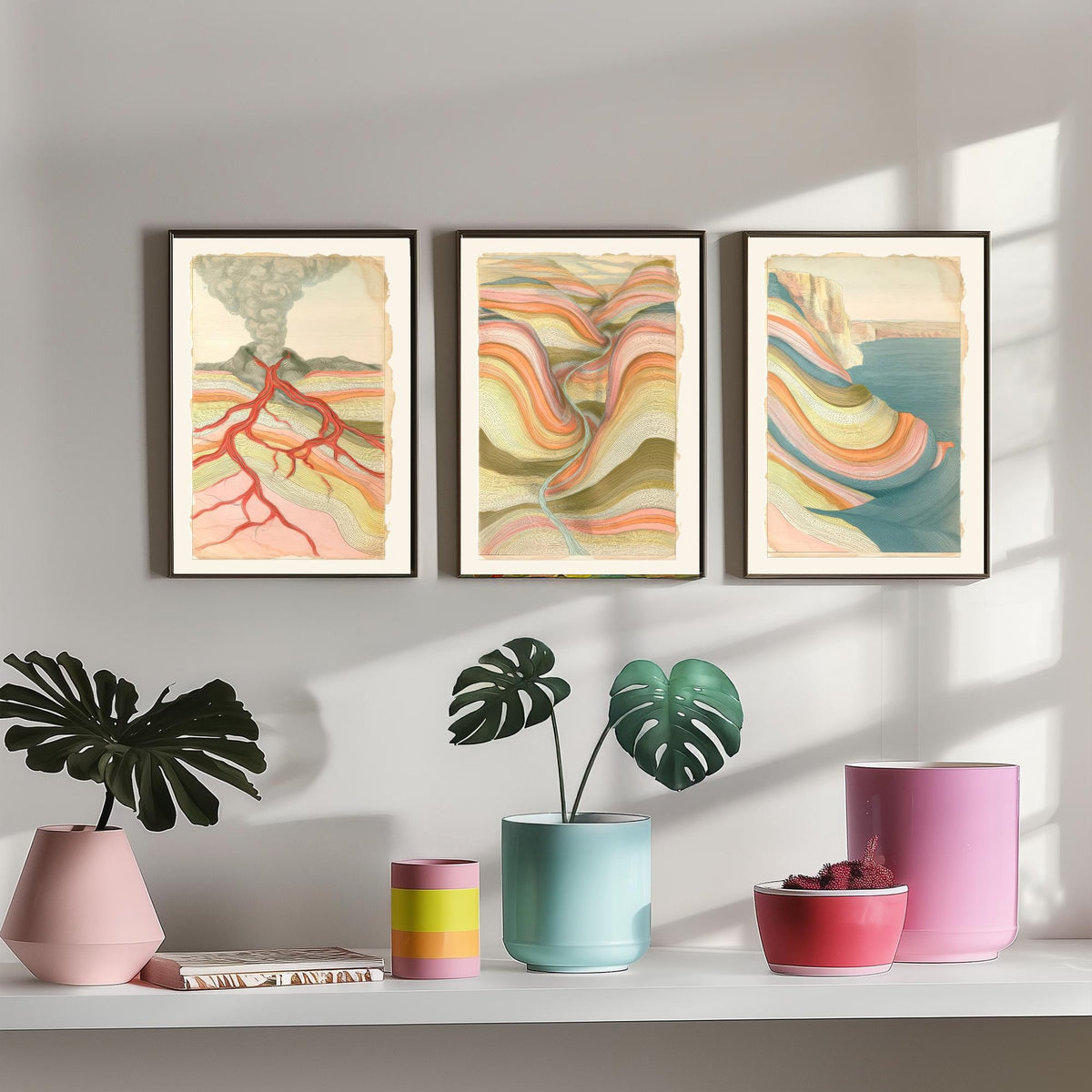 Volcano Lava, River Valley & Sea Cliff Set of Three Art Prints - Abstract Landscape Earth Strata Poster - Pastel Geology Illustration V1
