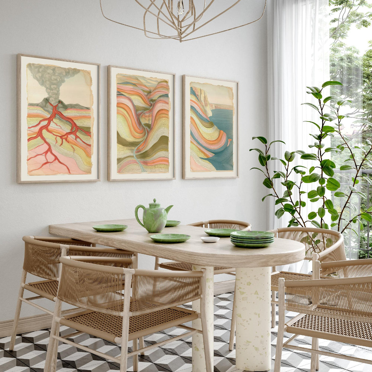 Volcano Lava, River Valley & Sea Cliff Set of Three Art Prints - Abstract Landscape Earth Strata Poster - Pastel Geology Illustration V1