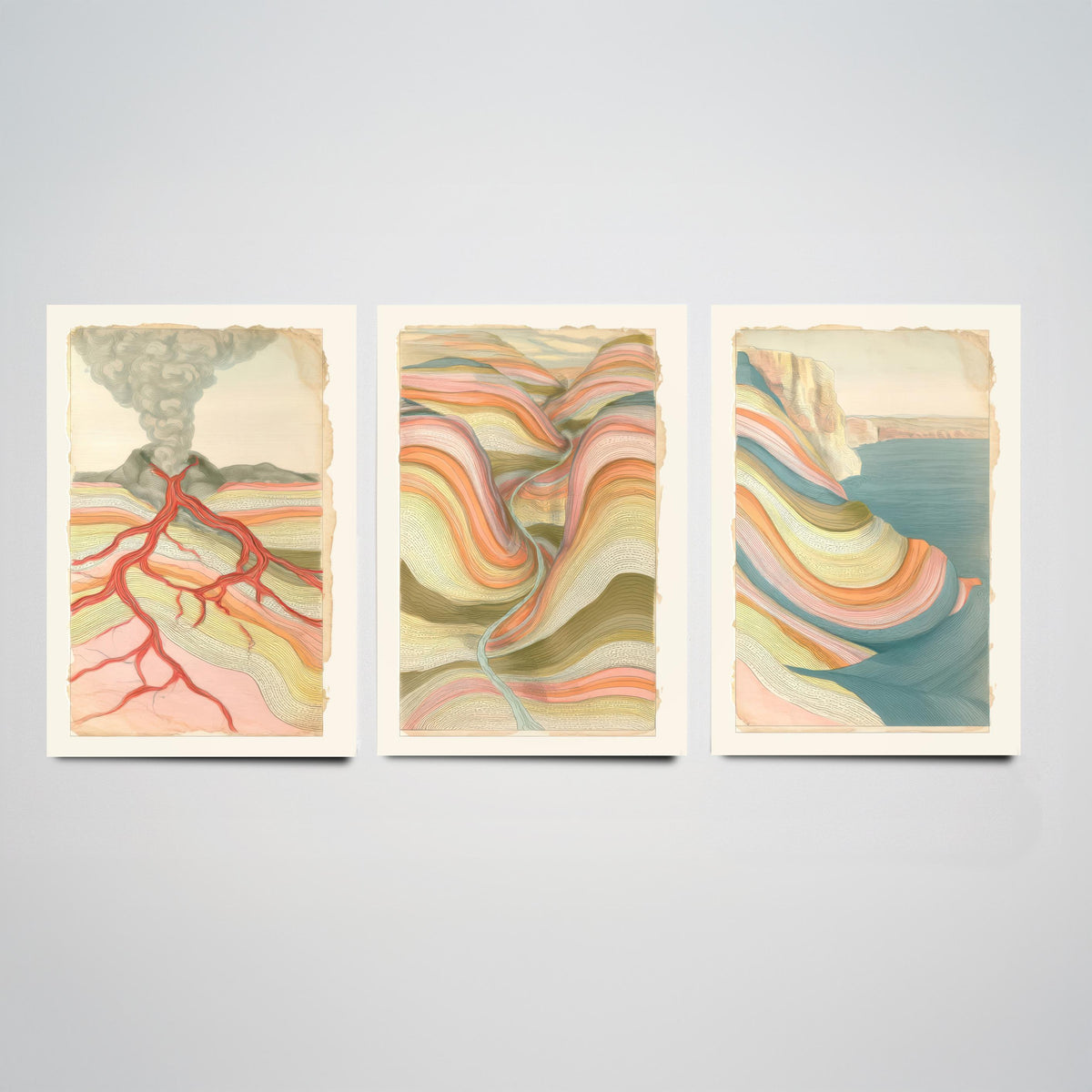 Volcano Lava, River Valley & Sea Cliff Set of Three Art Prints - Abstract Landscape Earth Strata Poster - Pastel Geology Illustration V1