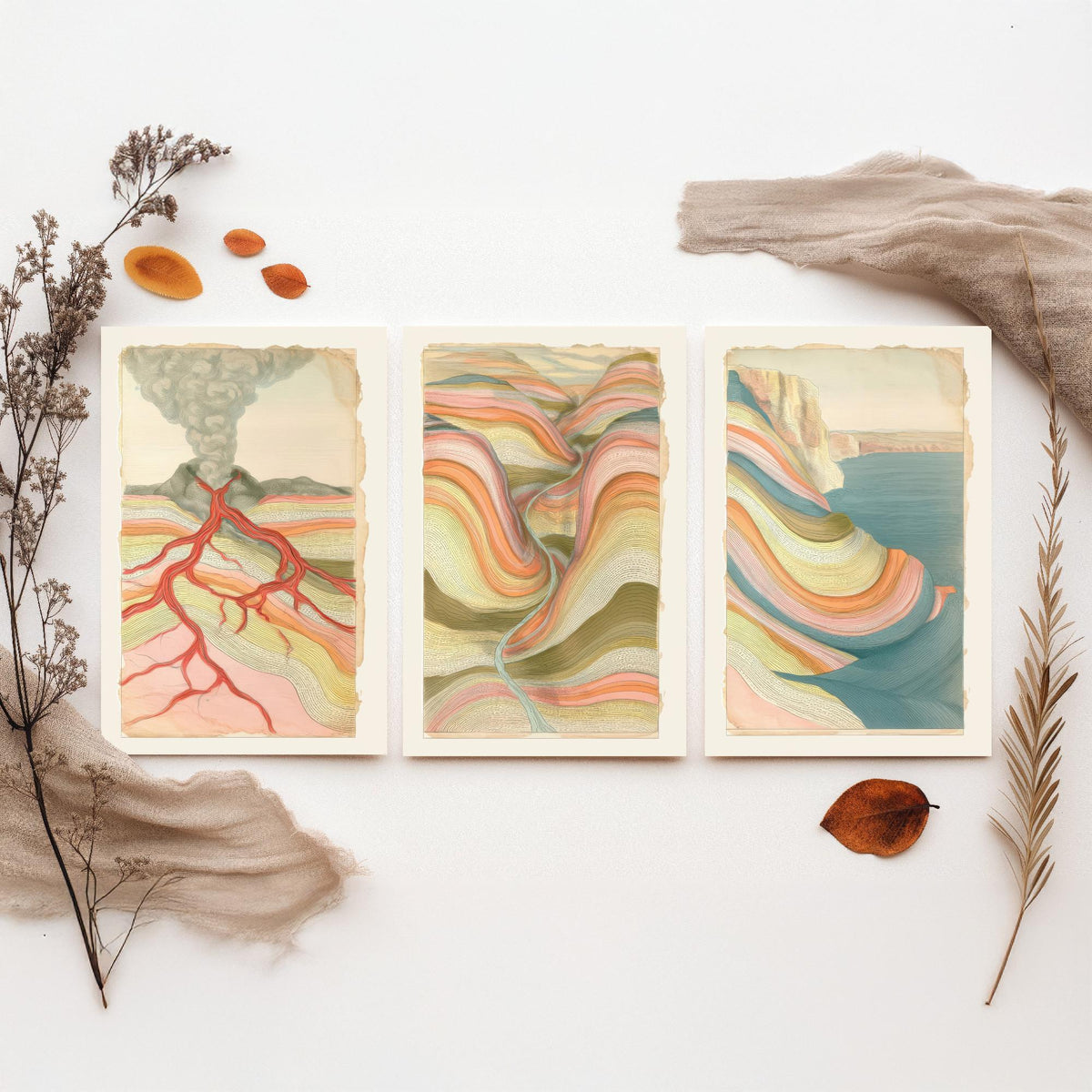 Volcano Lava, River Valley & Sea Cliff Set of Three Art Prints - Abstract Landscape Earth Strata Poster - Pastel Geology Illustration V1