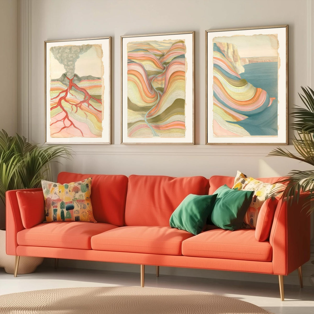 Volcano Lava, River Valley & Sea Cliff Set of Three Art Prints - Abstract Landscape Earth Strata Poster - Pastel Geology Illustration V1