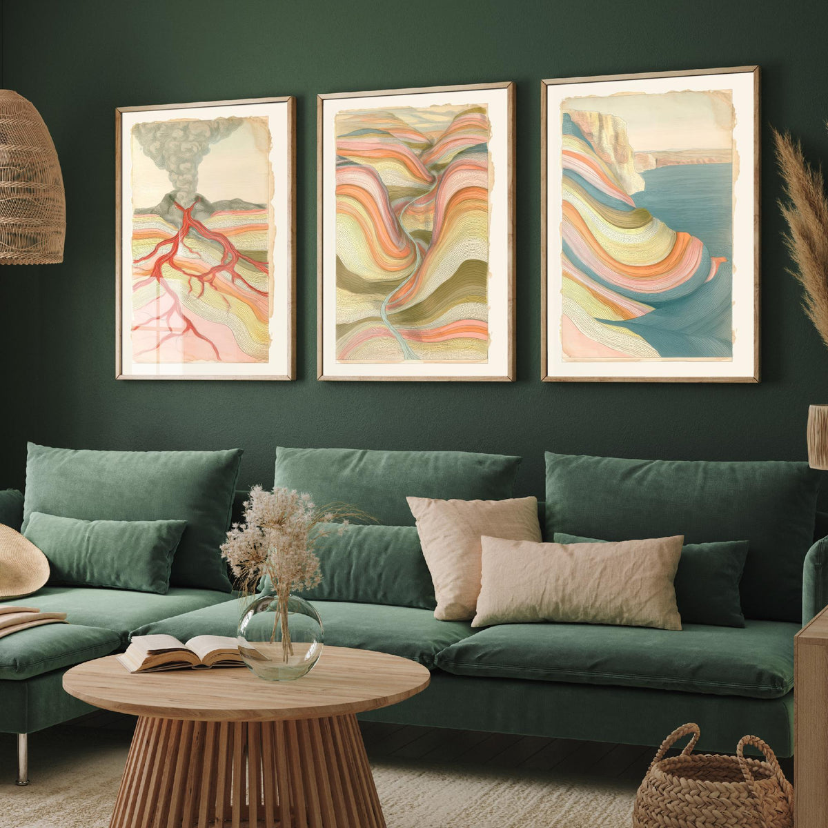 Volcano Lava, River Valley & Sea Cliff Set of Three Art Prints - Abstract Landscape Earth Strata Poster - Pastel Geology Illustration V1
