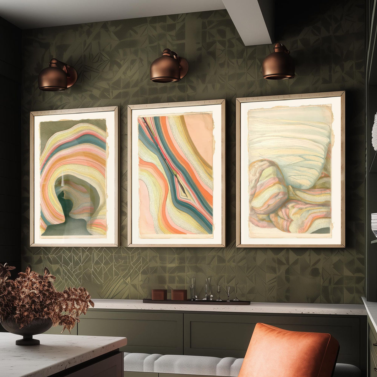 Strata Cave, Fault Seam & Folded Rock Set of Three Art Prints - Abstract Earth Landscape Poster - Coral Teal Geology Illustration V2