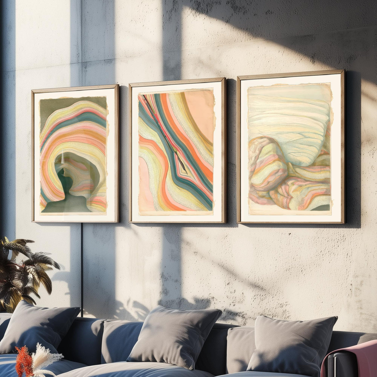 Strata Cave, Fault Seam & Folded Rock Set of Three Art Prints - Abstract Earth Landscape Poster - Coral Teal Geology Illustration V2