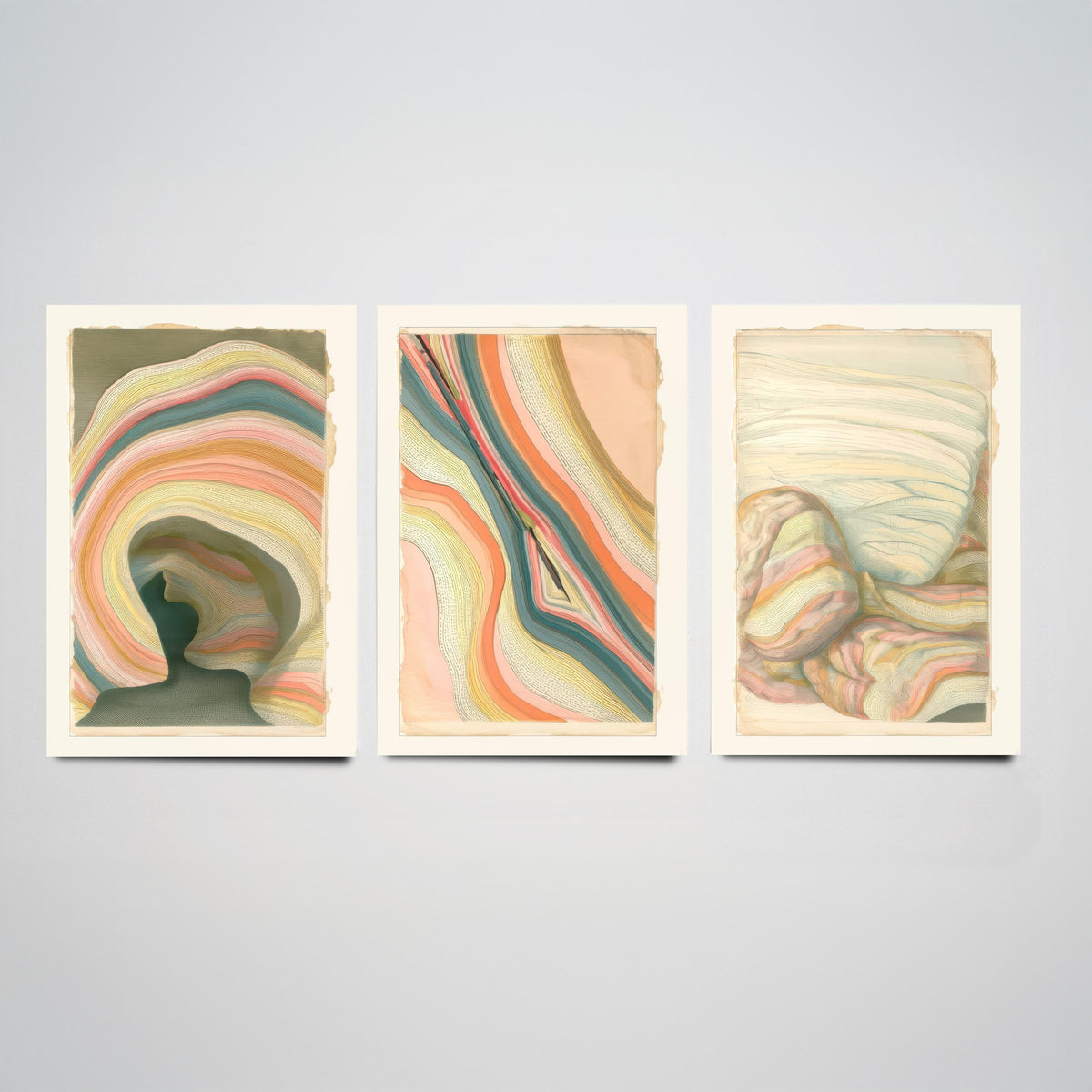 Strata Cave, Fault Seam & Folded Rock Set of Three Art Prints - Abstract Earth Landscape Poster - Coral Teal Geology Illustration V2