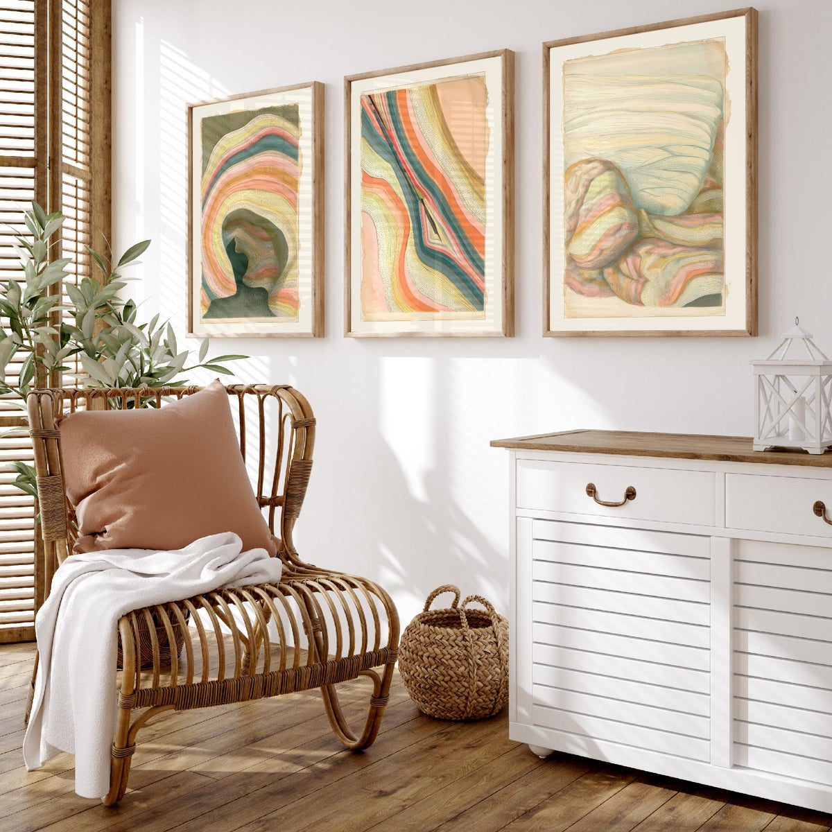 Strata Cave, Fault Seam & Folded Rock Set of Three Art Prints - Abstract Earth Landscape Poster - Coral Teal Geology Illustration V2