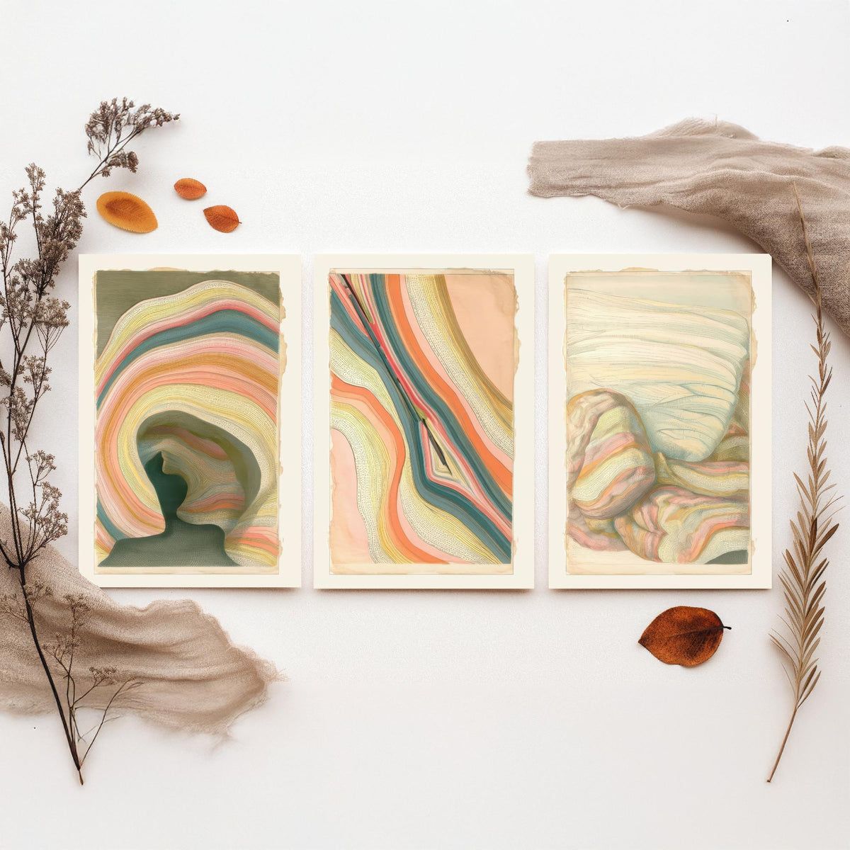 Strata Cave, Fault Seam & Folded Rock Set of Three Art Prints - Abstract Earth Landscape Poster - Coral Teal Geology Illustration V2