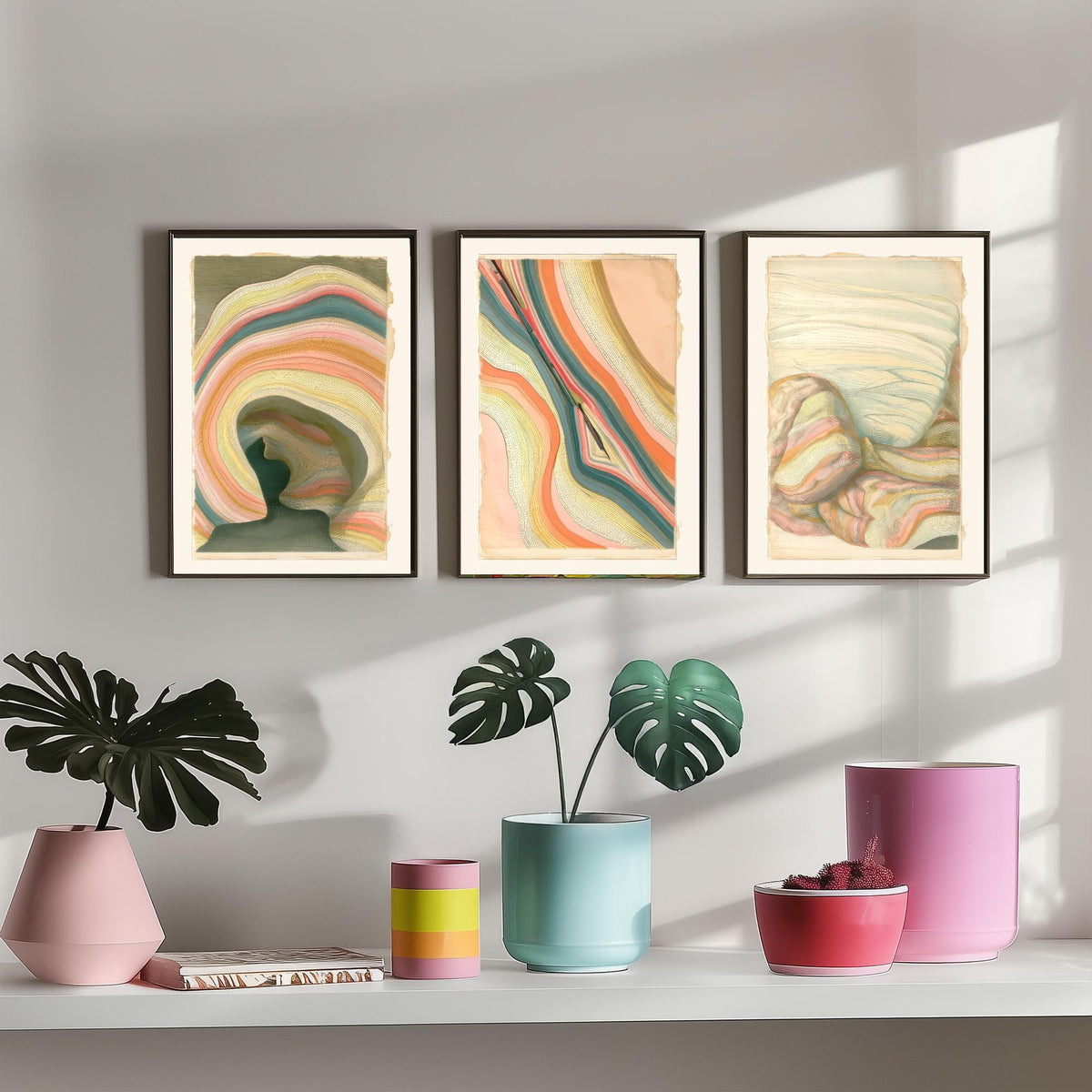 Strata Cave, Fault Seam & Folded Rock Set of Three Art Prints - Abstract Earth Landscape Poster - Coral Teal Geology Illustration V2