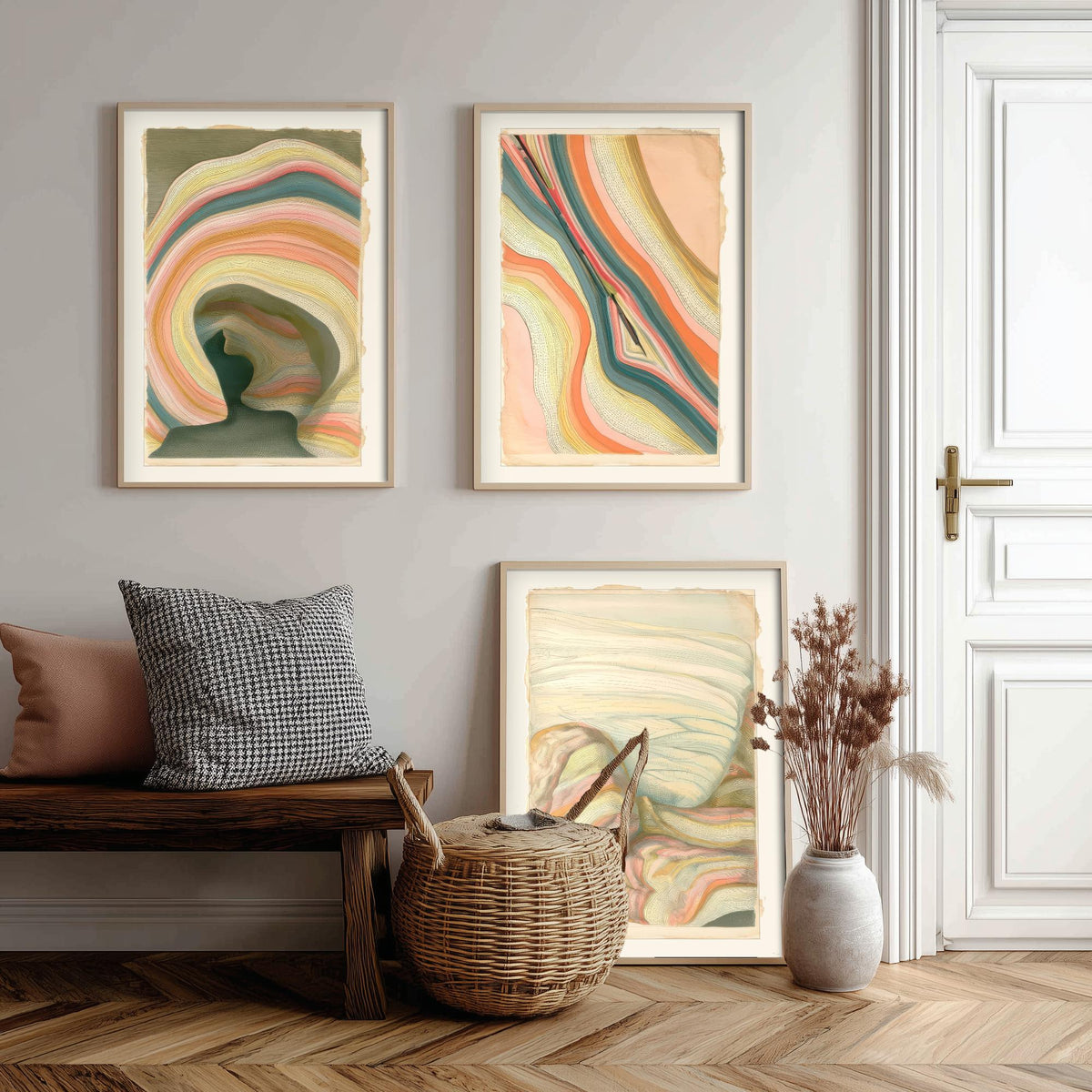 Strata Cave, Fault Seam & Folded Rock Set of Three Art Prints - Abstract Earth Landscape Poster - Coral Teal Geology Illustration V2