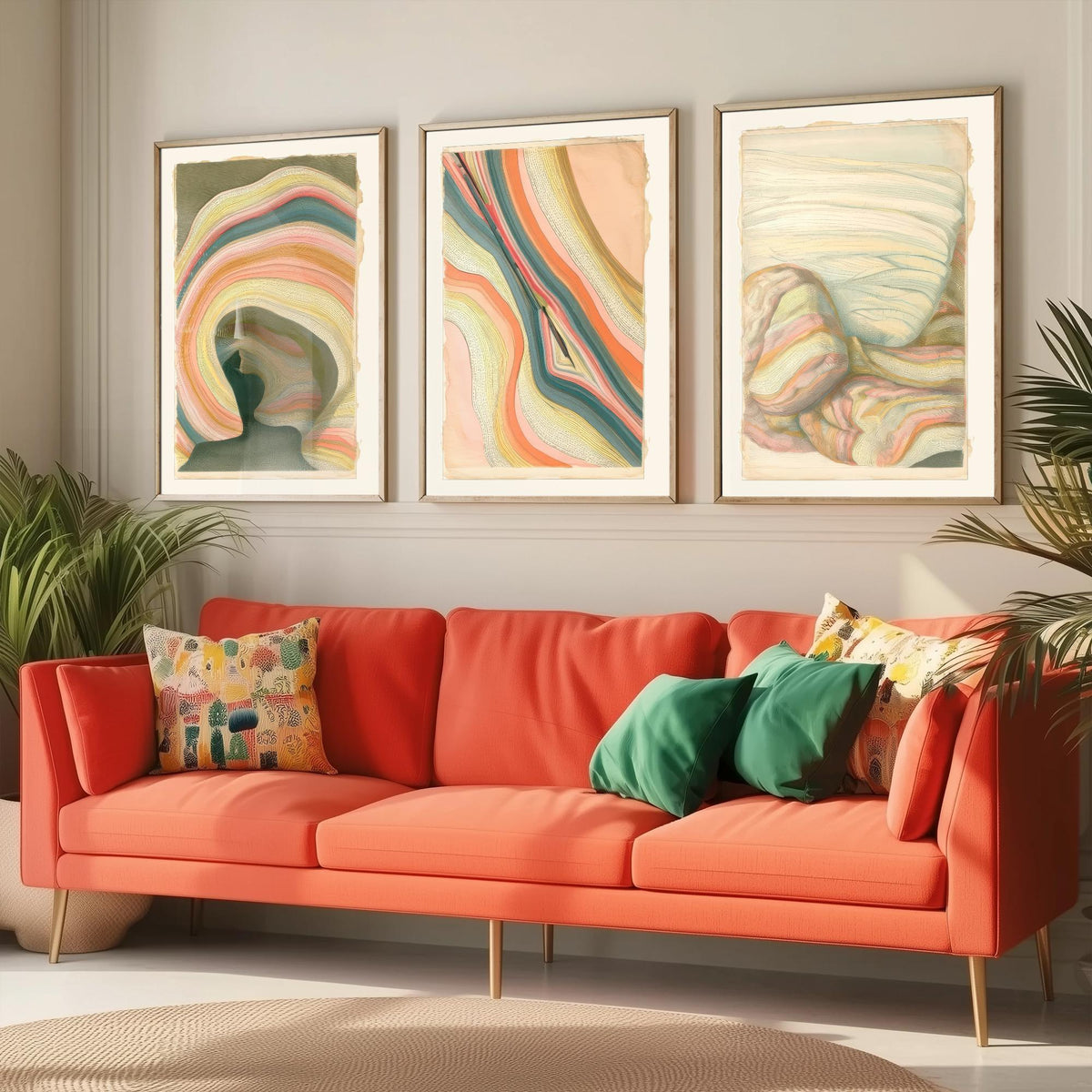 Strata Cave, Fault Seam & Folded Rock Set of Three Art Prints - Abstract Earth Landscape Poster - Coral Teal Geology Illustration V2