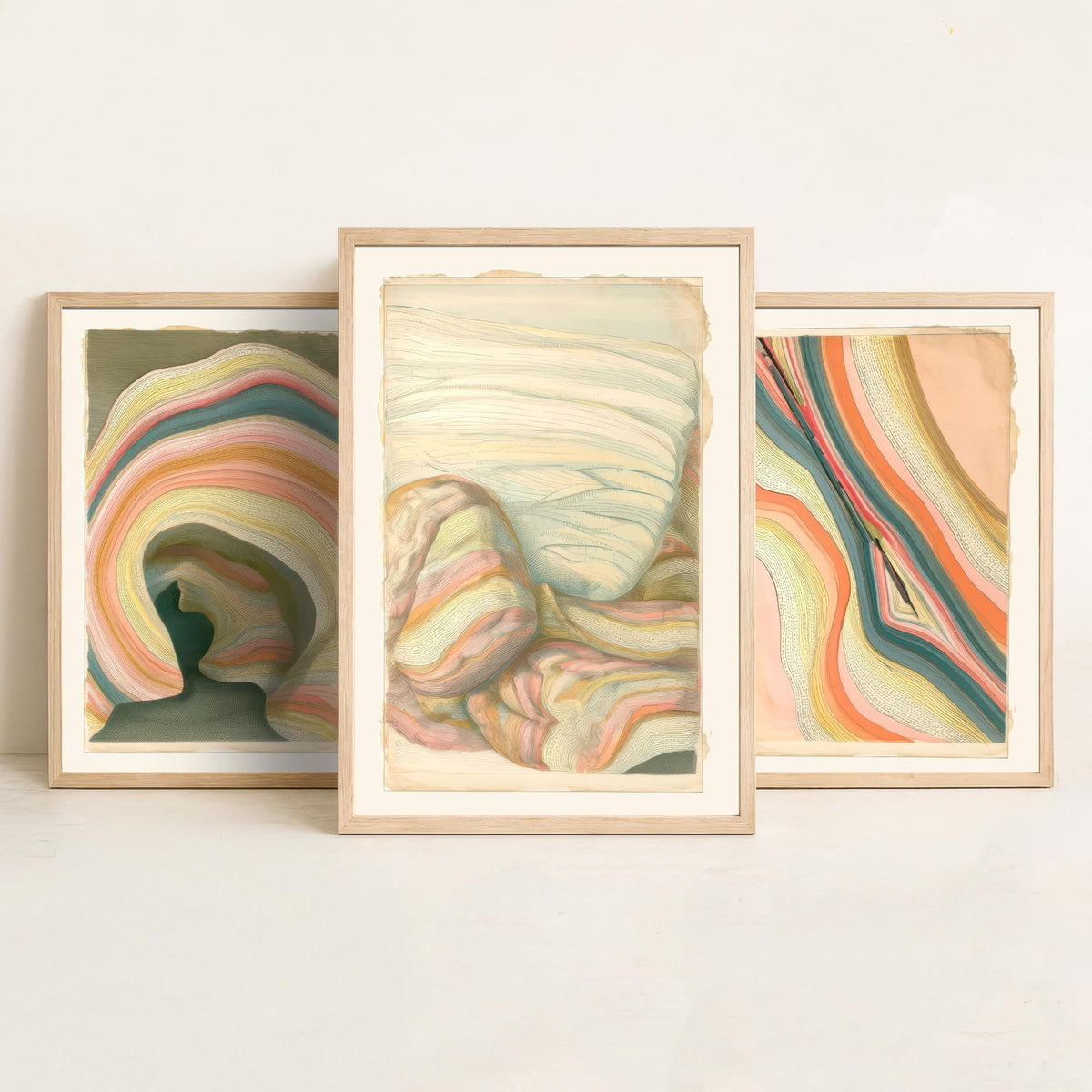 Strata Cave, Fault Seam & Folded Rock Set of Three Art Prints - Abstract Earth Landscape Poster - Coral Teal Geology Illustration V2