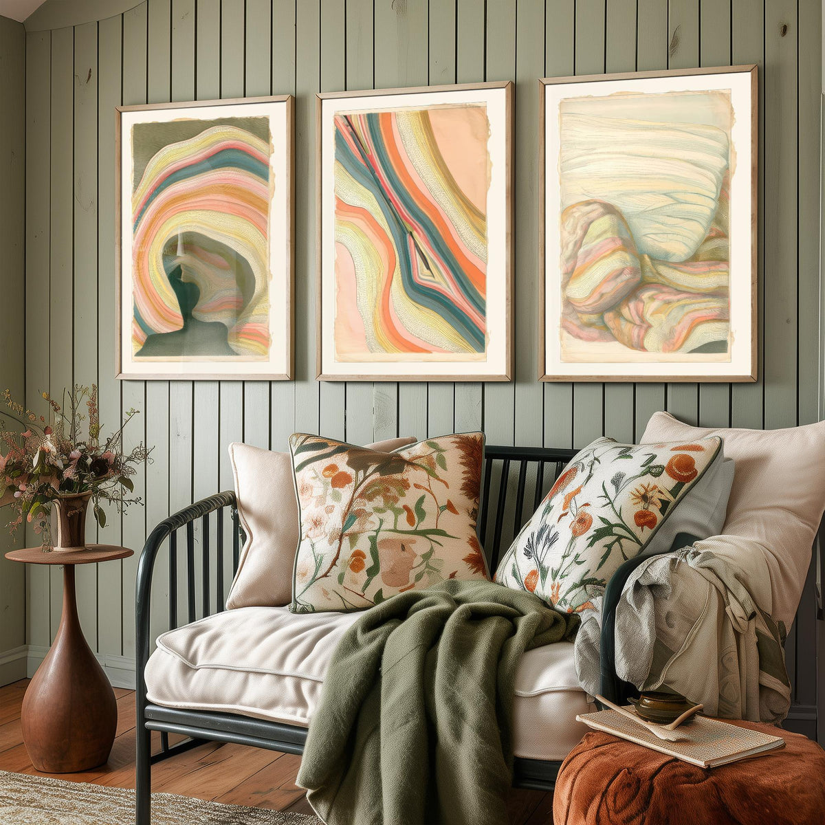 Strata Cave, Fault Seam & Folded Rock Set of Three Art Prints - Abstract Earth Landscape Poster - Coral Teal Geology Illustration V2