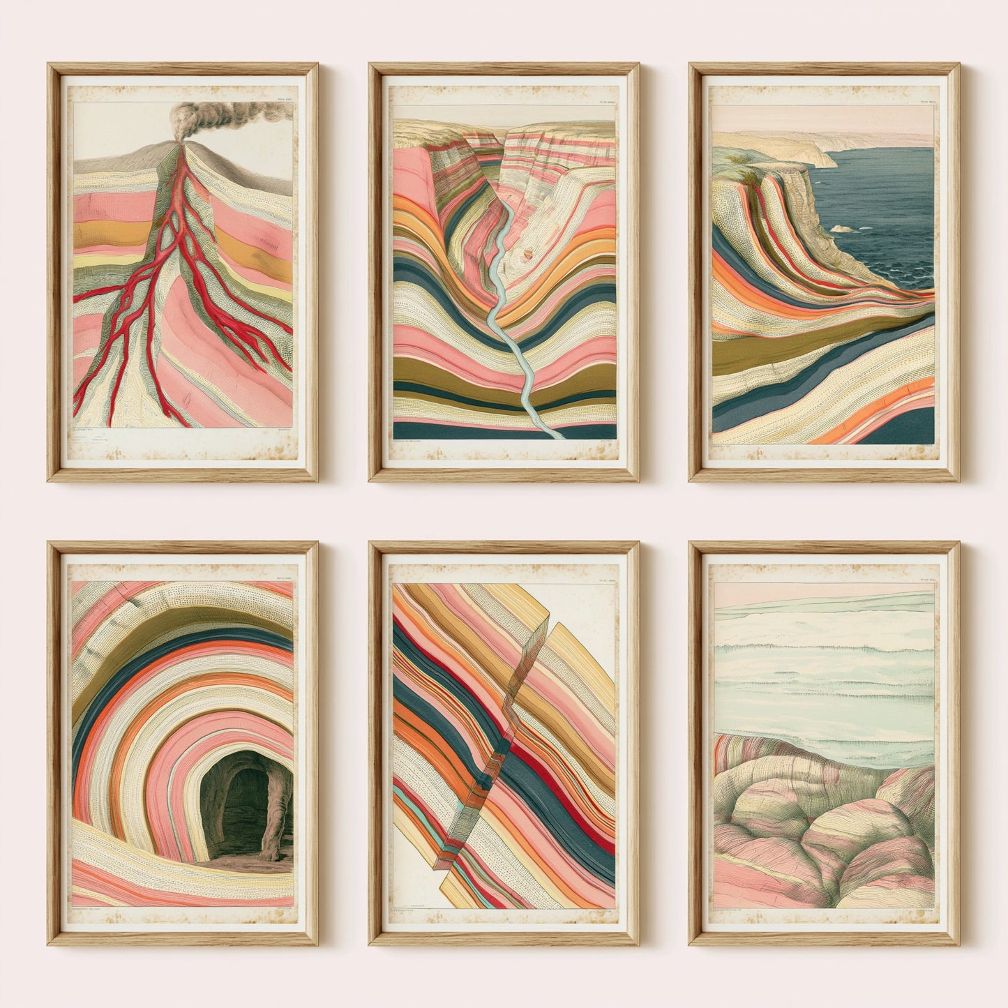 Set of Six Coastal Strata Art Prints - 6 Abstract Cliff Rock Layer Seascape Posters - Vintage Pastel Geology Canyon Painting