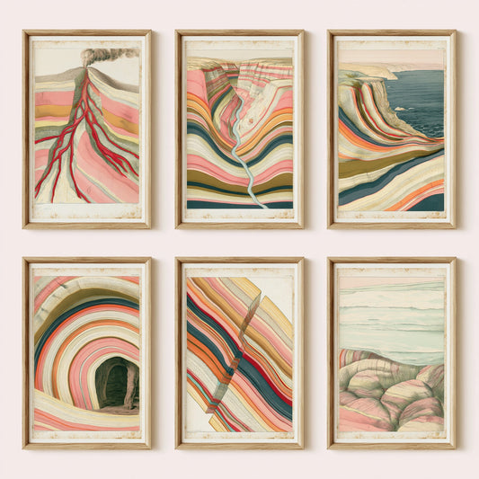 Set of Six Coastal Strata Art Prints - 6 Abstract Cliff Rock Layer Seascape Posters - Vintage Pastel Geology Canyon Painting