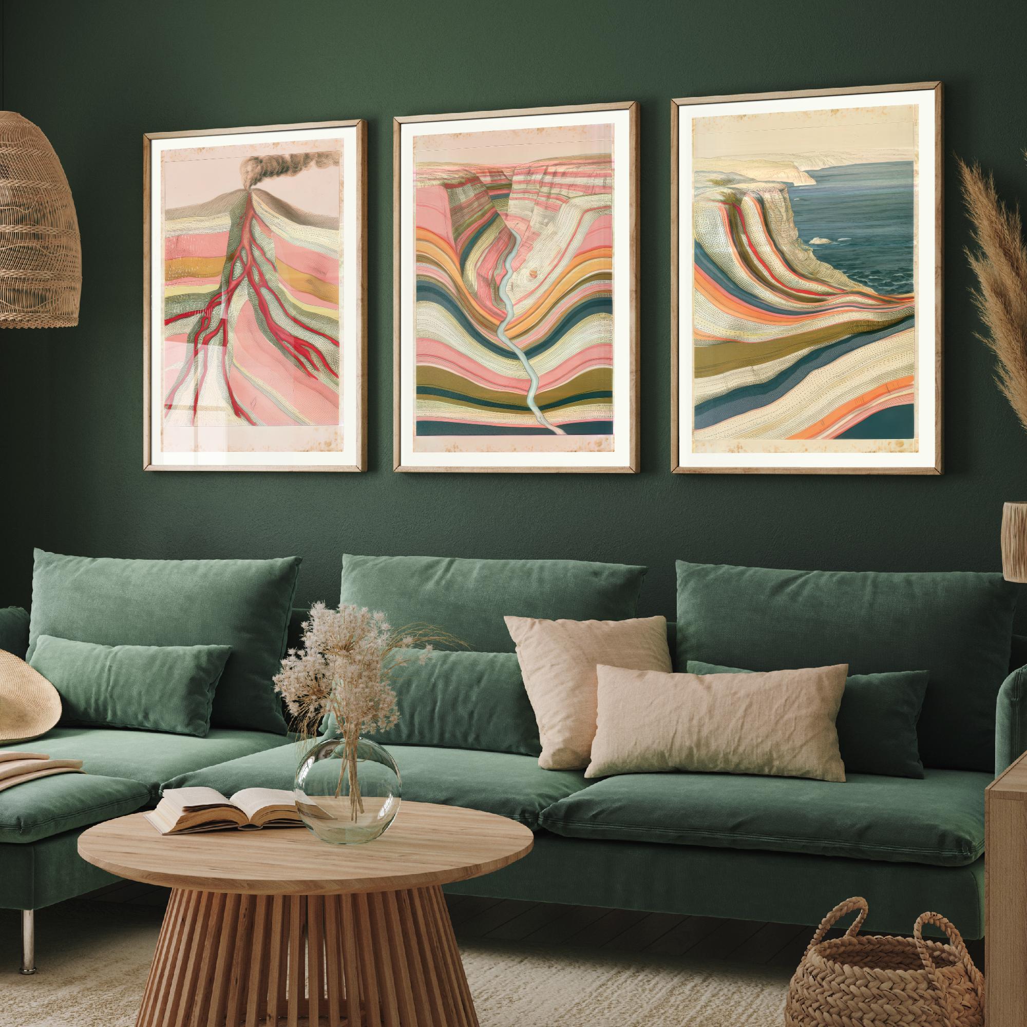 Pastel Coastal Strata Geology Prints Set of 3, Volcano to Sea V1 ...