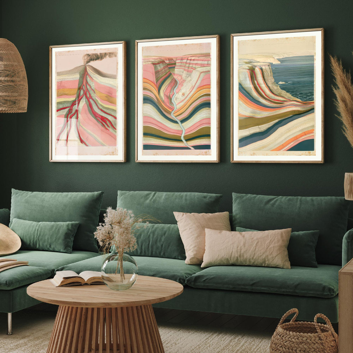 Pastel Coastal Strata Set of Three Art Prints - Smoking Volcano, Pink Canyon & Sea Cliff - Abstract Landscape Geology Poster Illustration V1