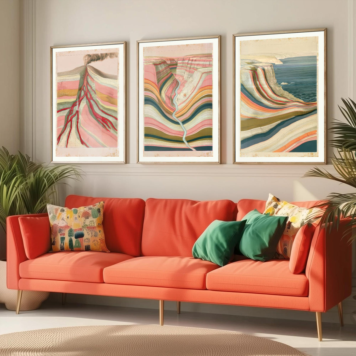 Pastel Coastal Strata Set of Three Art Prints - Smoking Volcano, Pink Canyon & Sea Cliff - Abstract Landscape Geology Poster Illustration V1