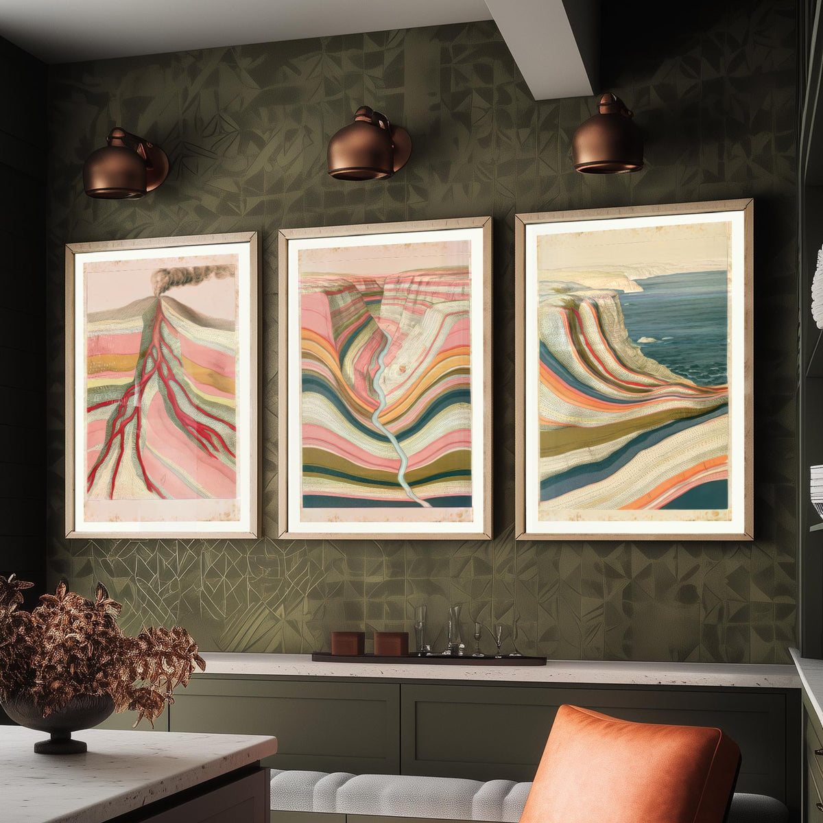 Pastel Coastal Strata Set of Three Art Prints - Smoking Volcano, Pink Canyon & Sea Cliff - Abstract Landscape Geology Poster Illustration V1