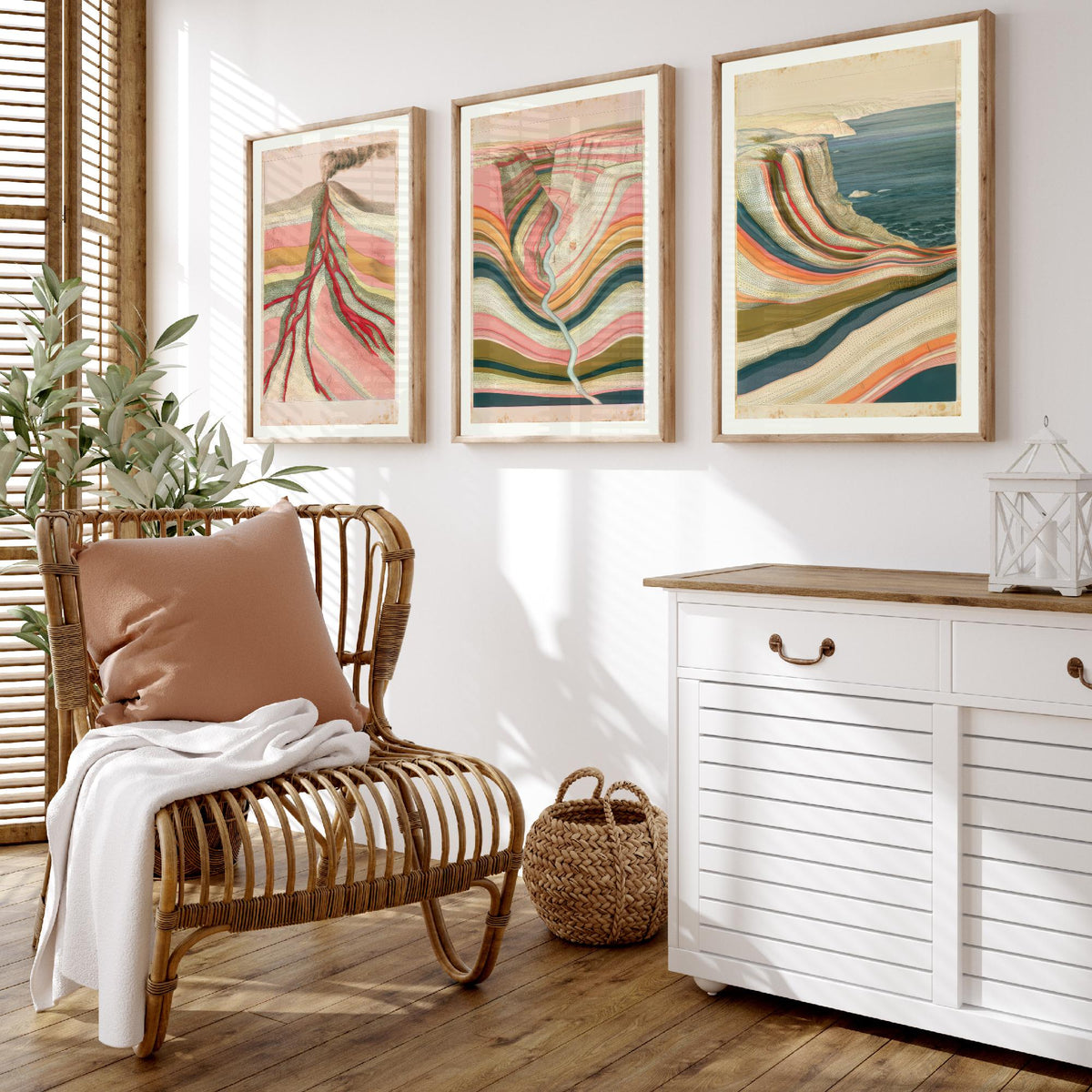 Pastel Coastal Strata Set of Three Art Prints - Smoking Volcano, Pink Canyon & Sea Cliff - Abstract Landscape Geology Poster Illustration V1