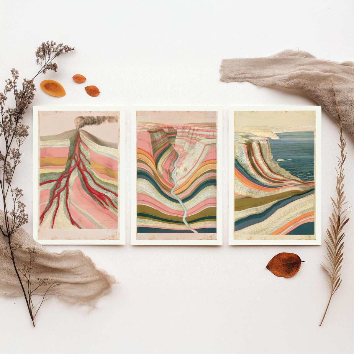 Pastel Coastal Strata Set of Three Art Prints - Smoking Volcano, Pink Canyon & Sea Cliff - Abstract Landscape Geology Poster Illustration V1