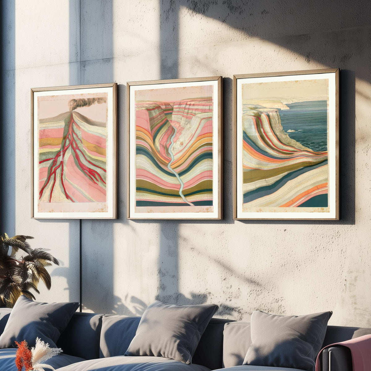 Pastel Coastal Strata Set of Three Art Prints - Smoking Volcano, Pink Canyon & Sea Cliff - Abstract Landscape Geology Poster Illustration V1