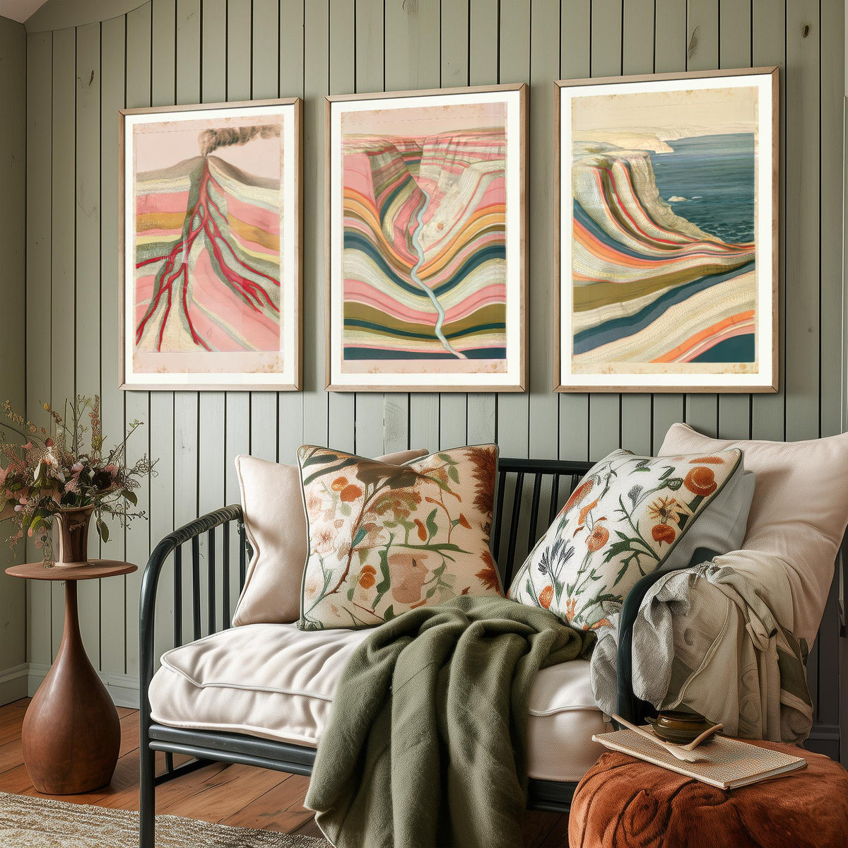 Pastel Coastal Strata Set of Three Art Prints - Smoking Volcano, Pink Canyon & Sea Cliff - Abstract Landscape Geology Poster Illustration V1