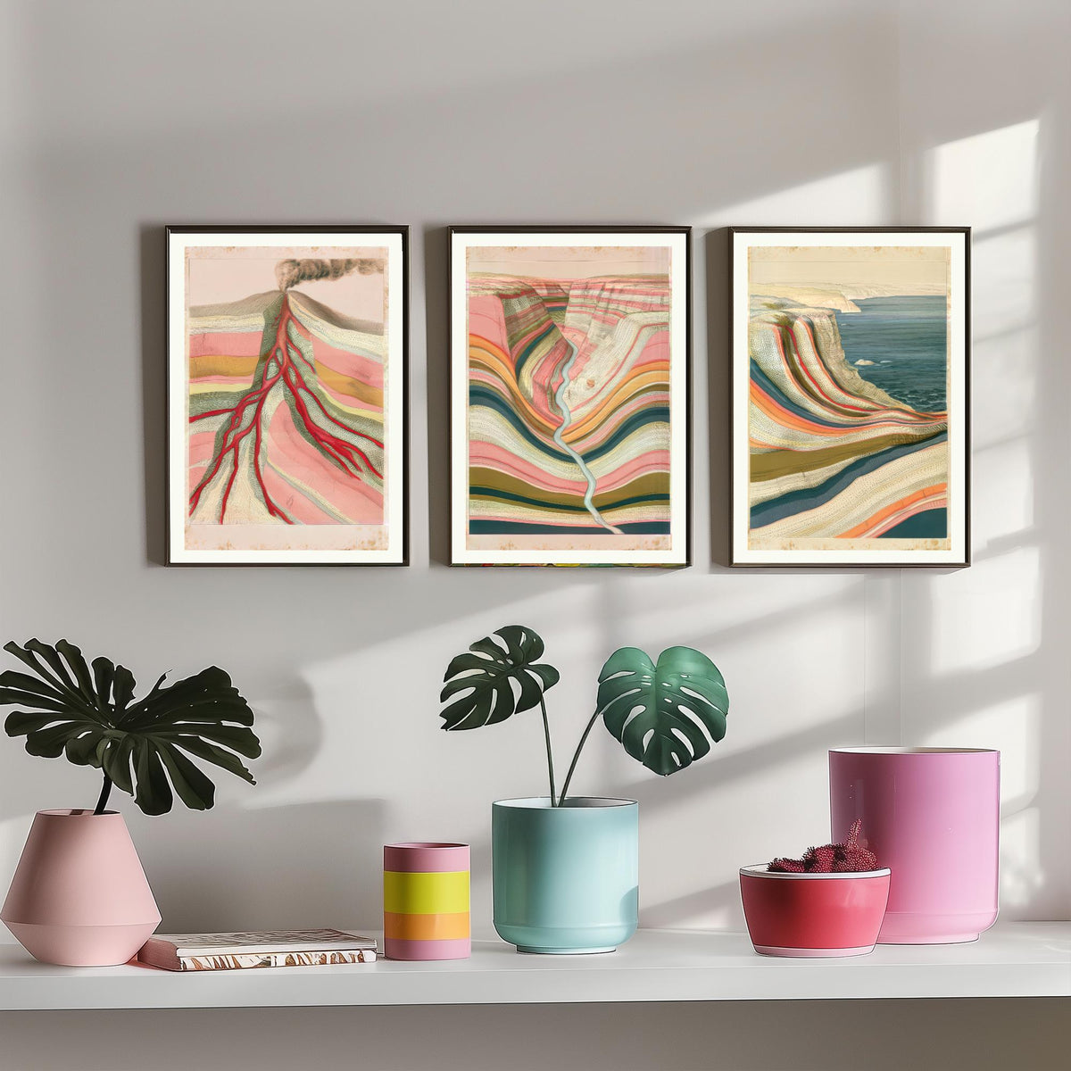 Pastel Coastal Strata Set of Three Art Prints - Smoking Volcano, Pink Canyon & Sea Cliff - Abstract Landscape Geology Poster Illustration V1