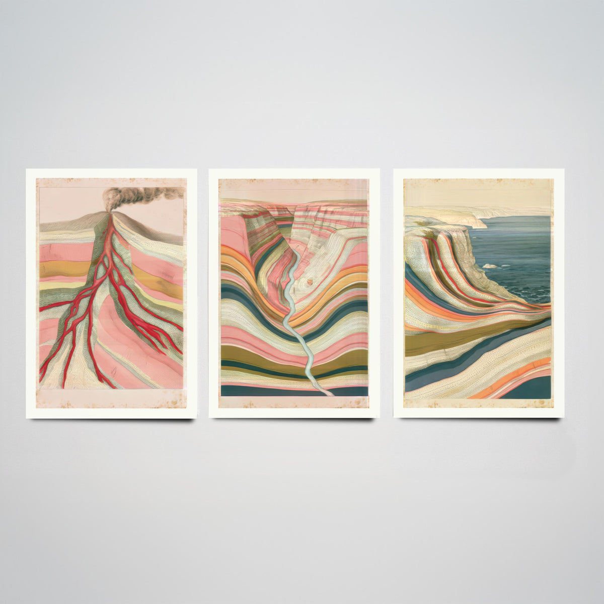 Pastel Coastal Strata Set of Three Art Prints - Smoking Volcano, Pink Canyon & Sea Cliff - Abstract Landscape Geology Poster Illustration V1