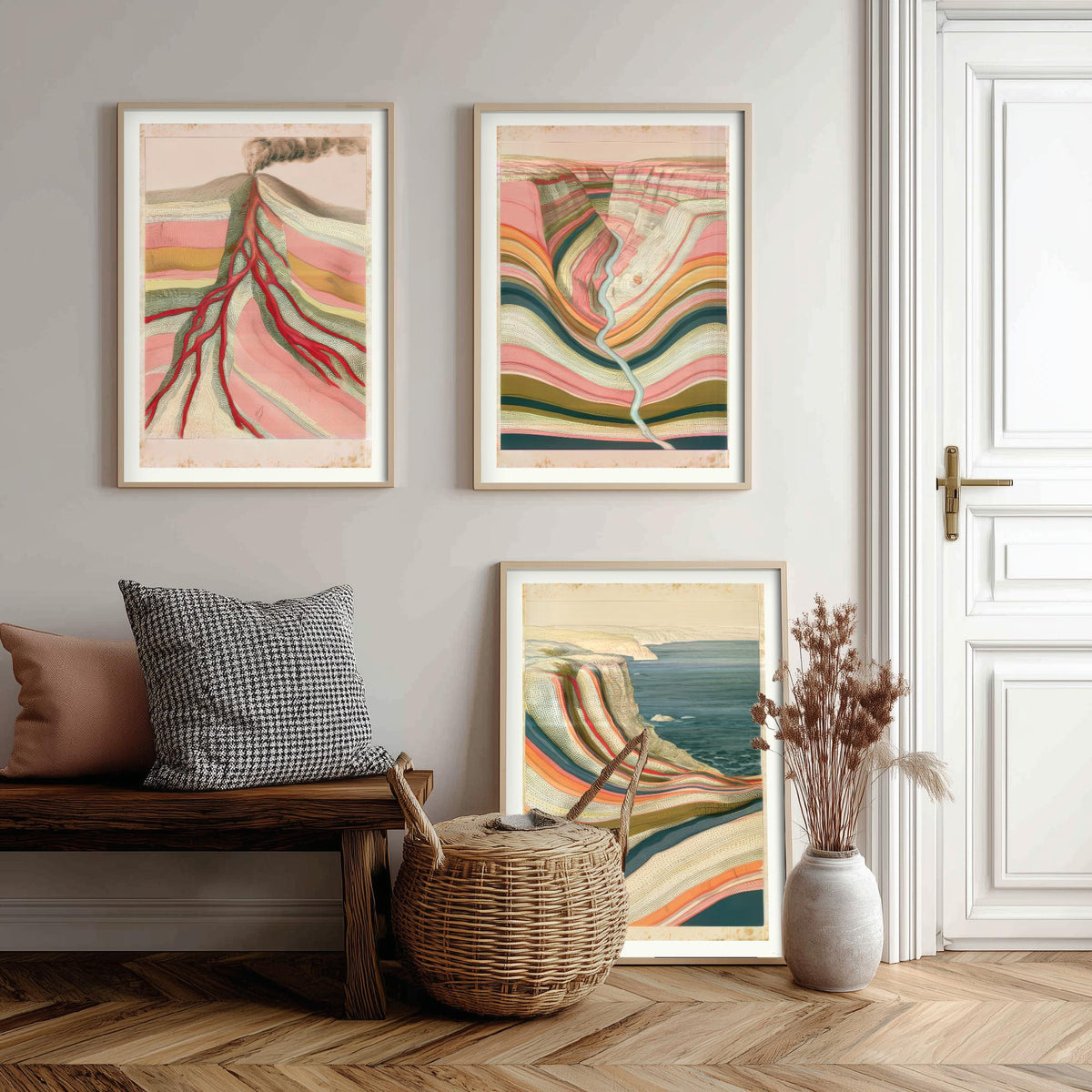 Pastel Coastal Strata Set of Three Art Prints - Smoking Volcano, Pink Canyon & Sea Cliff - Abstract Landscape Geology Poster Illustration V1