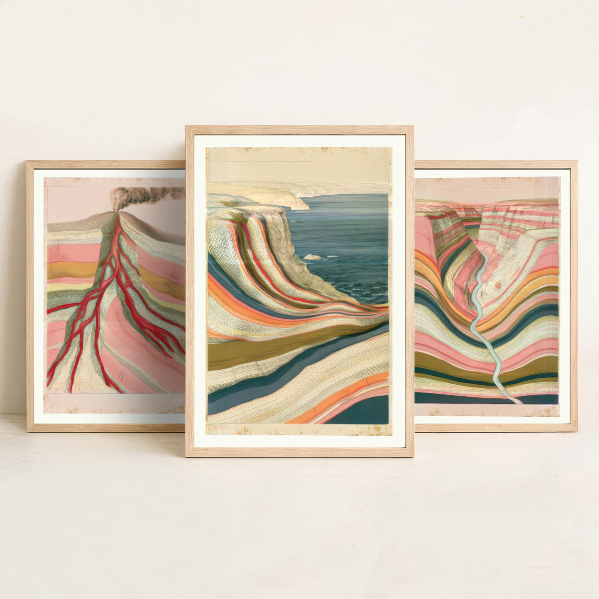 Pastel Coastal Strata Set of Three Art Prints - Smoking Volcano, Pink Canyon & Sea Cliff - Abstract Landscape Geology Poster Illustration V1