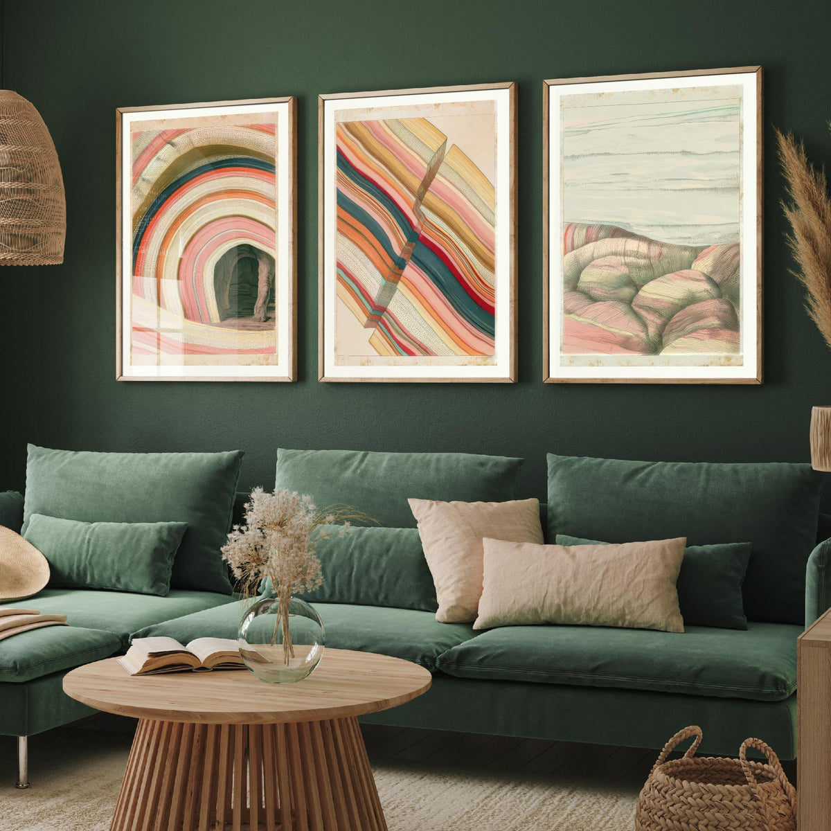 Rainbow Strata Cave Arch, Fault Block & Rocky Shore Set of Three Art Prints - Pastel Coastal Abstract Landscape Poster Illustration V2