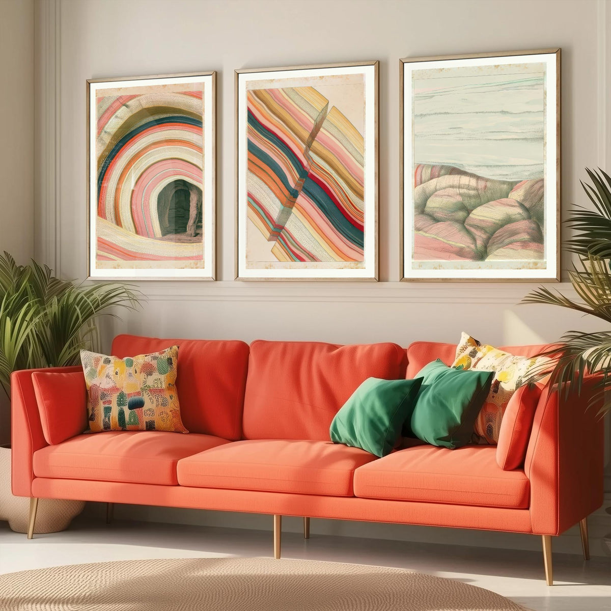 Rainbow Strata Cave Arch, Fault Block & Rocky Shore Set of Three Art Prints - Pastel Coastal Abstract Landscape Poster Illustration V2
