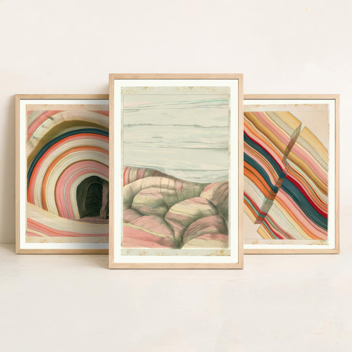 Rainbow Strata Cave Arch, Fault Block & Rocky Shore Set of Three Art Prints - Pastel Coastal Abstract Landscape Poster Illustration V2