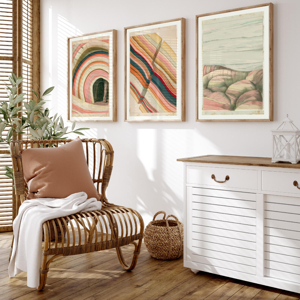 Rainbow Strata Cave Arch, Fault Block & Rocky Shore Set of Three Art Prints - Pastel Coastal Abstract Landscape Poster Illustration V2