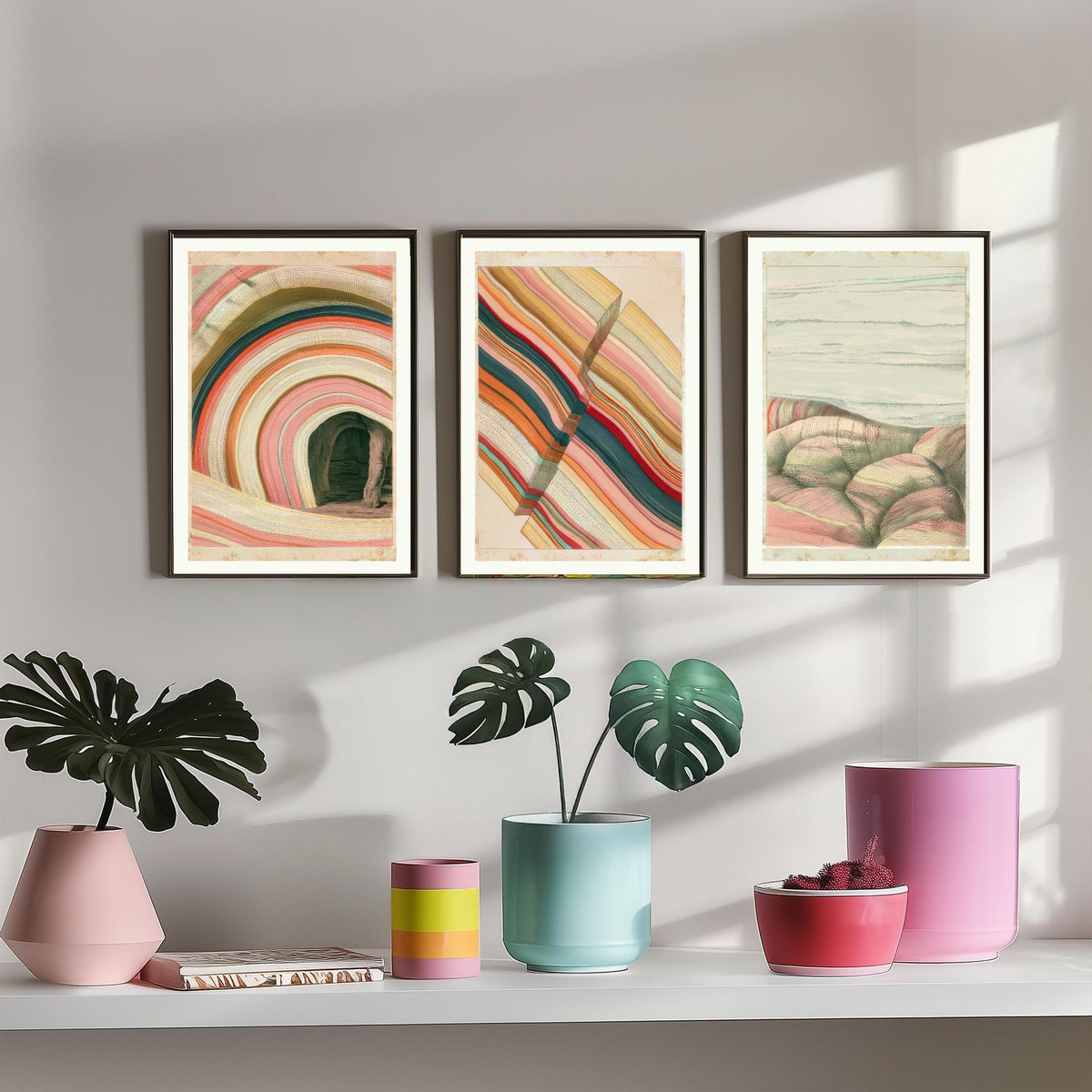 Rainbow Strata Cave Arch, Fault Block & Rocky Shore Set of Three Art Prints - Pastel Coastal Abstract Landscape Poster Illustration V2