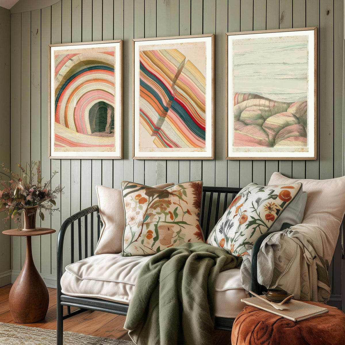 Rainbow Strata Cave Arch, Fault Block & Rocky Shore Set of Three Art Prints - Pastel Coastal Abstract Landscape Poster Illustration V2