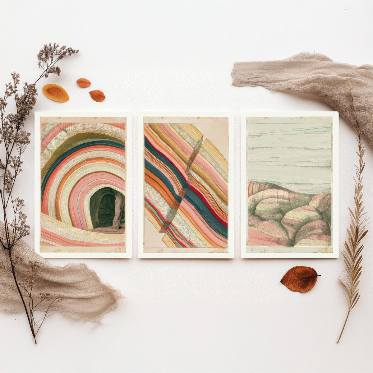 Rainbow Strata Cave Arch, Fault Block & Rocky Shore Set of Three Art Prints - Pastel Coastal Abstract Landscape Poster Illustration V2