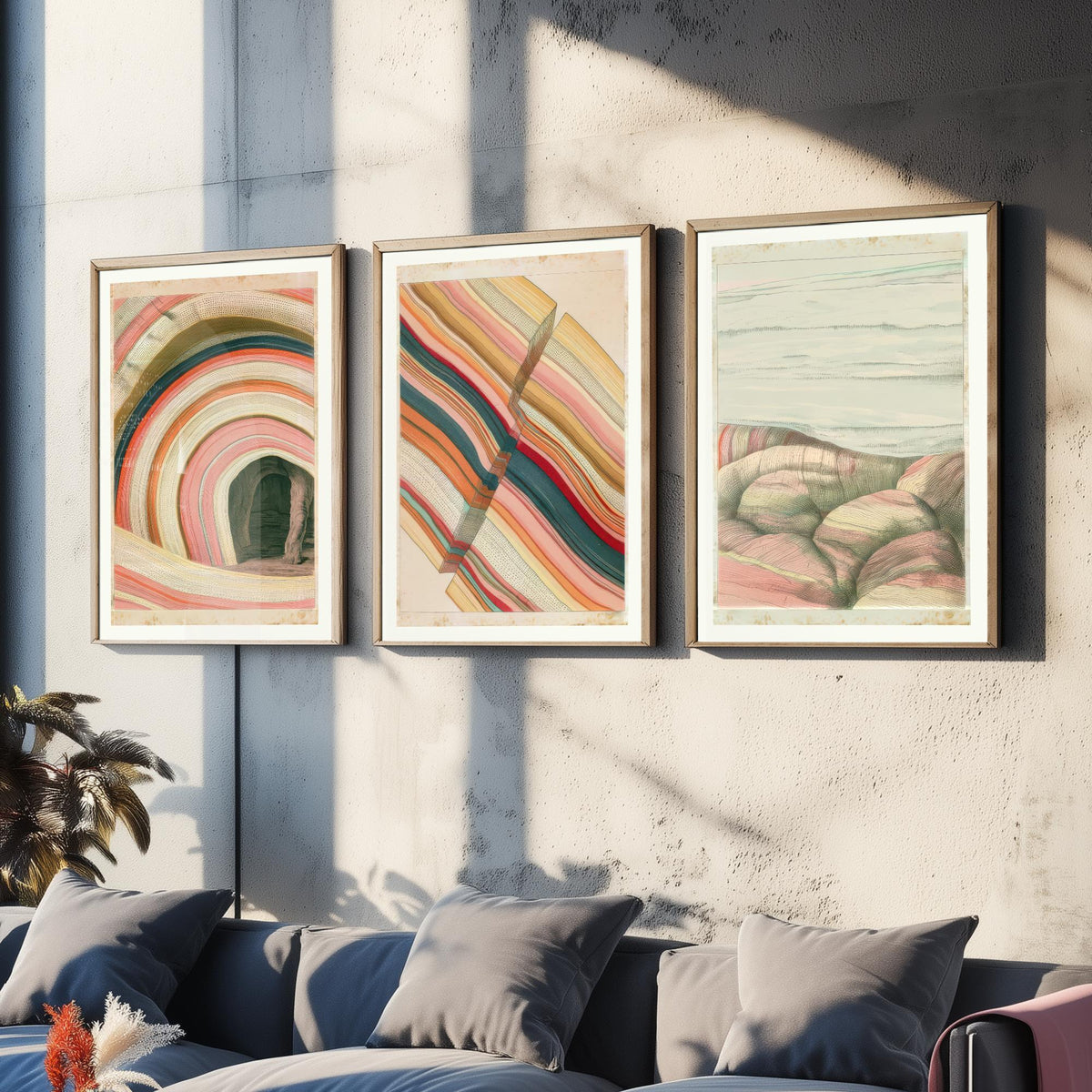 Rainbow Strata Cave Arch, Fault Block & Rocky Shore Set of Three Art Prints - Pastel Coastal Abstract Landscape Poster Illustration V2