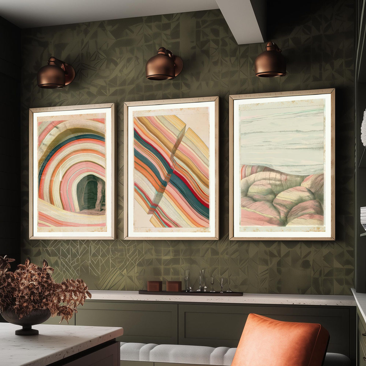 Rainbow Strata Cave Arch, Fault Block & Rocky Shore Set of Three Art Prints - Pastel Coastal Abstract Landscape Poster Illustration V2