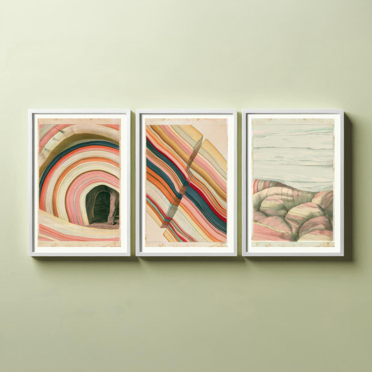 Rainbow Strata Cave Arch, Fault Block & Rocky Shore Set of Three Art Prints - Pastel Coastal Abstract Landscape Poster Illustration V2