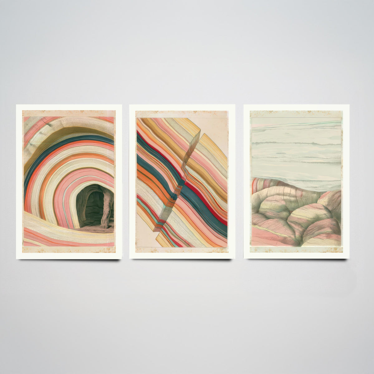 Rainbow Strata Cave Arch, Fault Block & Rocky Shore Set of Three Art Prints - Pastel Coastal Abstract Landscape Poster Illustration V2