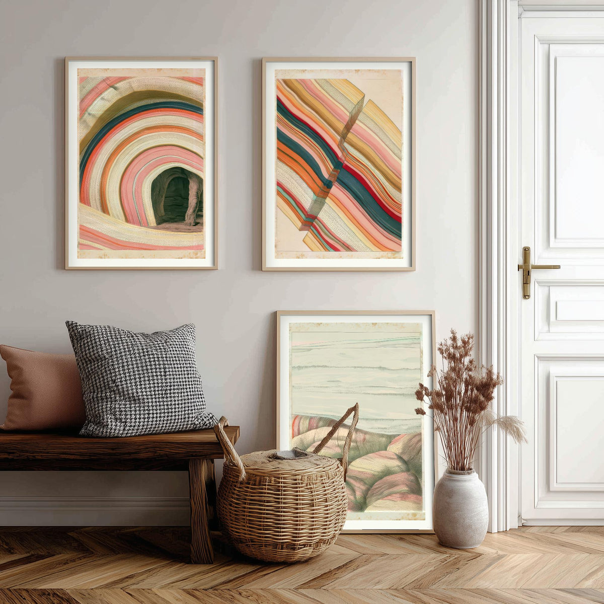 Rainbow Strata Cave Arch, Fault Block & Rocky Shore Set of Three Art Prints - Pastel Coastal Abstract Landscape Poster Illustration V2