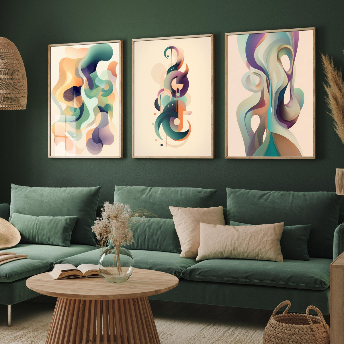 Abstract Smoke Fractals Set of Three Art Prints - Flowing Sage, Lilac and Peach Shapes - Modern Minimalist Poster Illustration